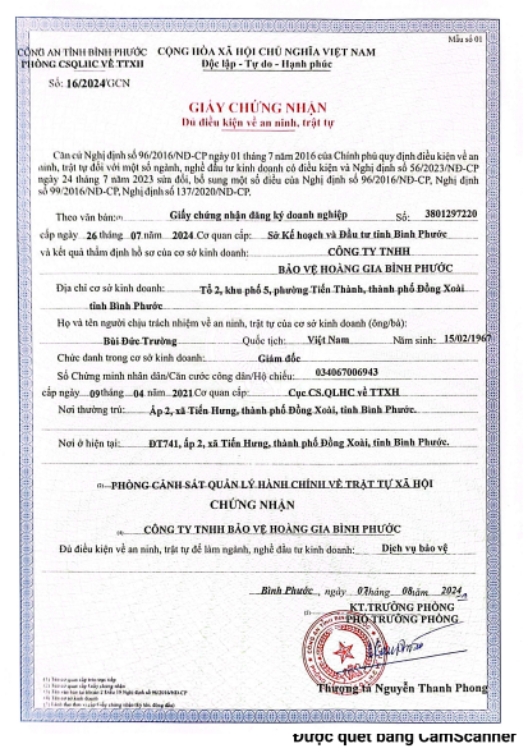 CÔNG TY TNHH BẢO VỆ HOÀNG GIA BÌNH PHƯỚC